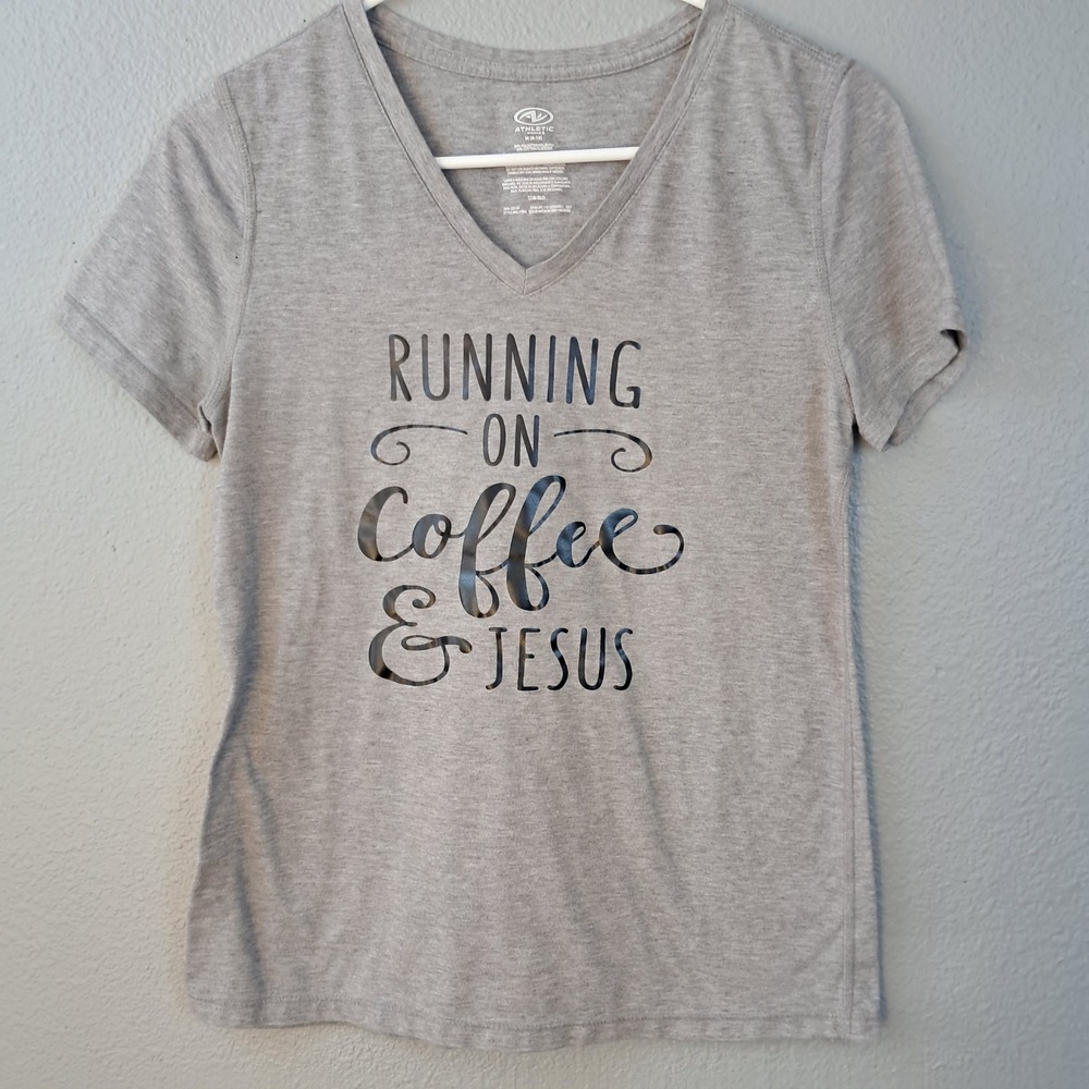 Athletic‎ Works Graphic Tee Running On Coffee & Jesus V-Neck Top Size M